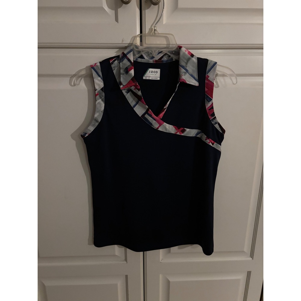 IZOD Golf Sleeveless Polo Shirt‎ Navy Blue Pink Plaid Trim Womens Small